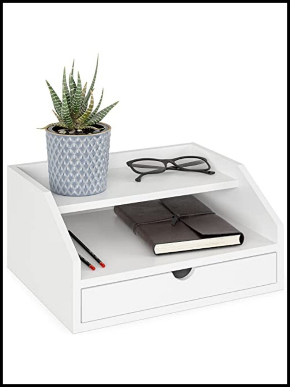 2-Tier Desk Organizer with Drawer Engineered Wood Home Office Paper Tray